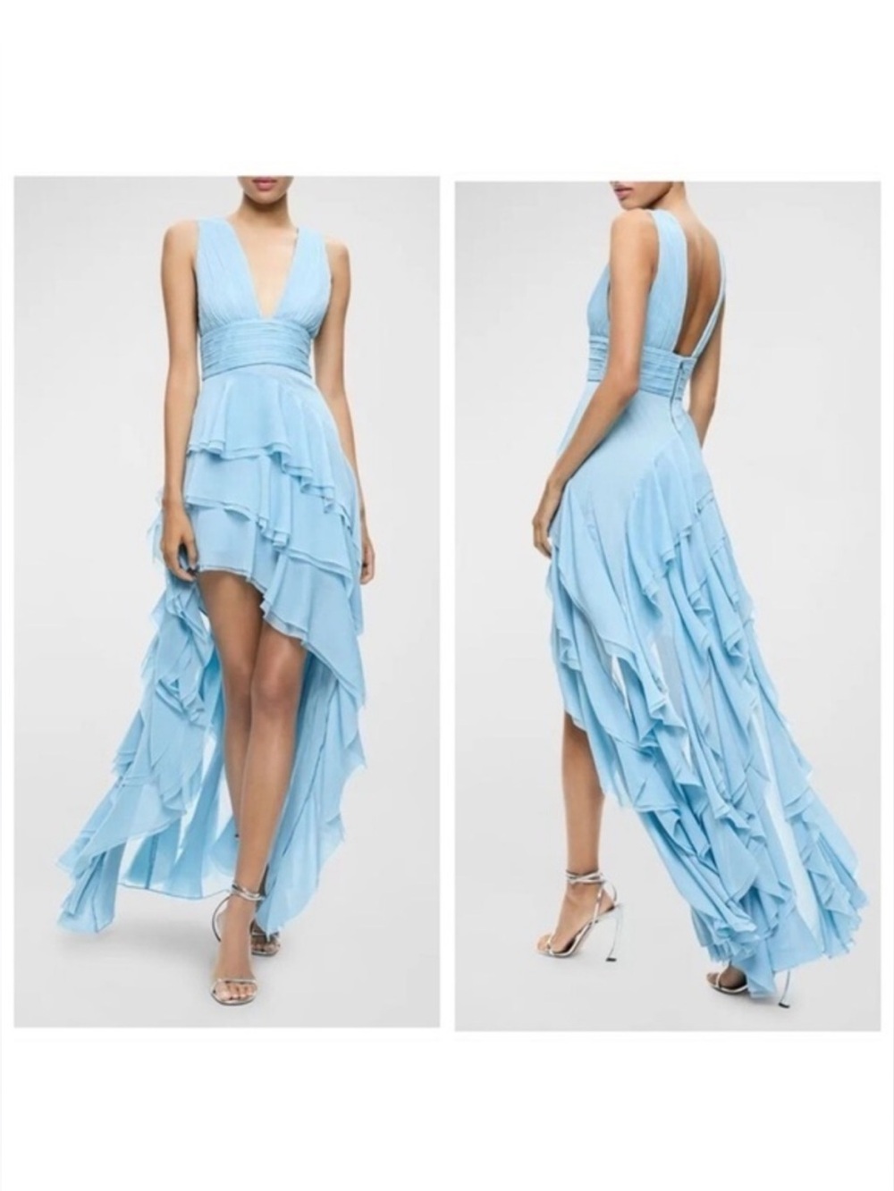 Alice + Olivia Sky Blue Ruffled High-Low V-Neck Gown
